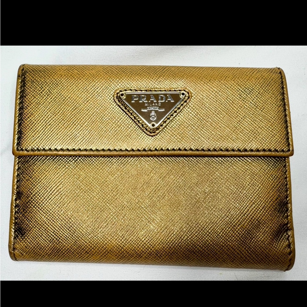 PRADA Metallic Gold Saffiano French Flap Compact Wallet